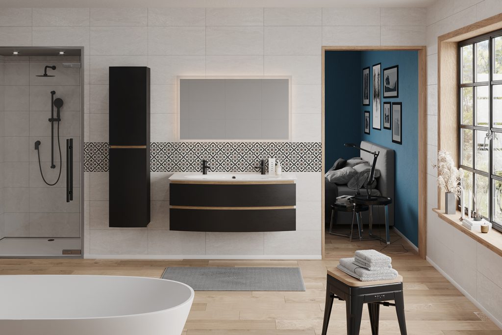 BEL AMI bathroom cabinet in matt black lacquer, matching column, divine mirro