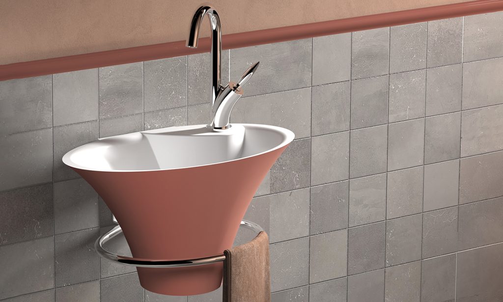 Iris hand basin, terracotta color with chrome towel rail