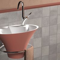 Thumbnail of http://Iris%20hand%20basin,%20terracotta%20color%20with%20chrome%20towel%20rail