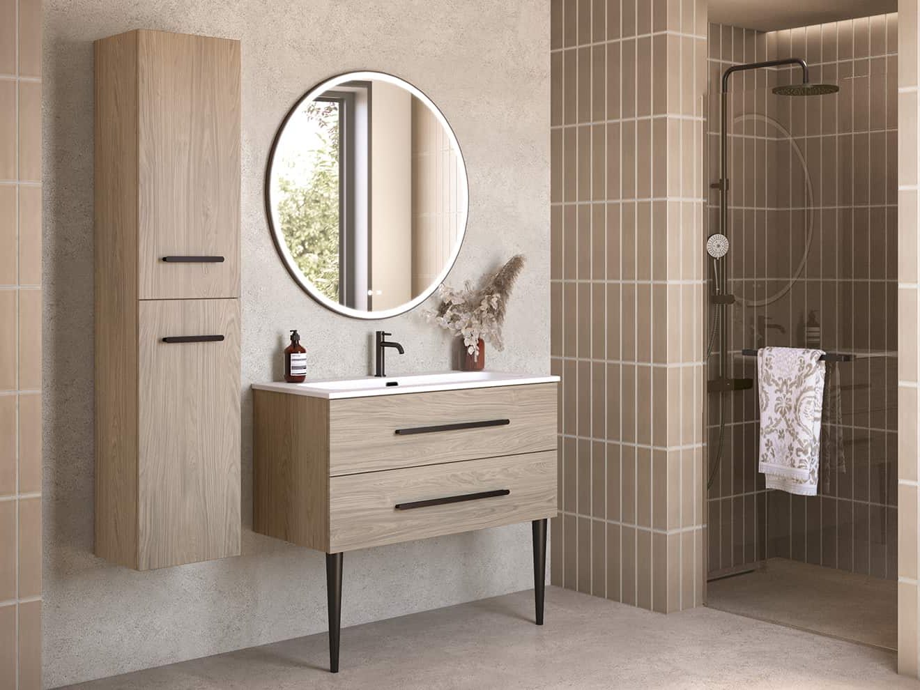 BENTO 100 finition Chene brun - poignees Baguette noires - miroir LED First rond Noir - RGB