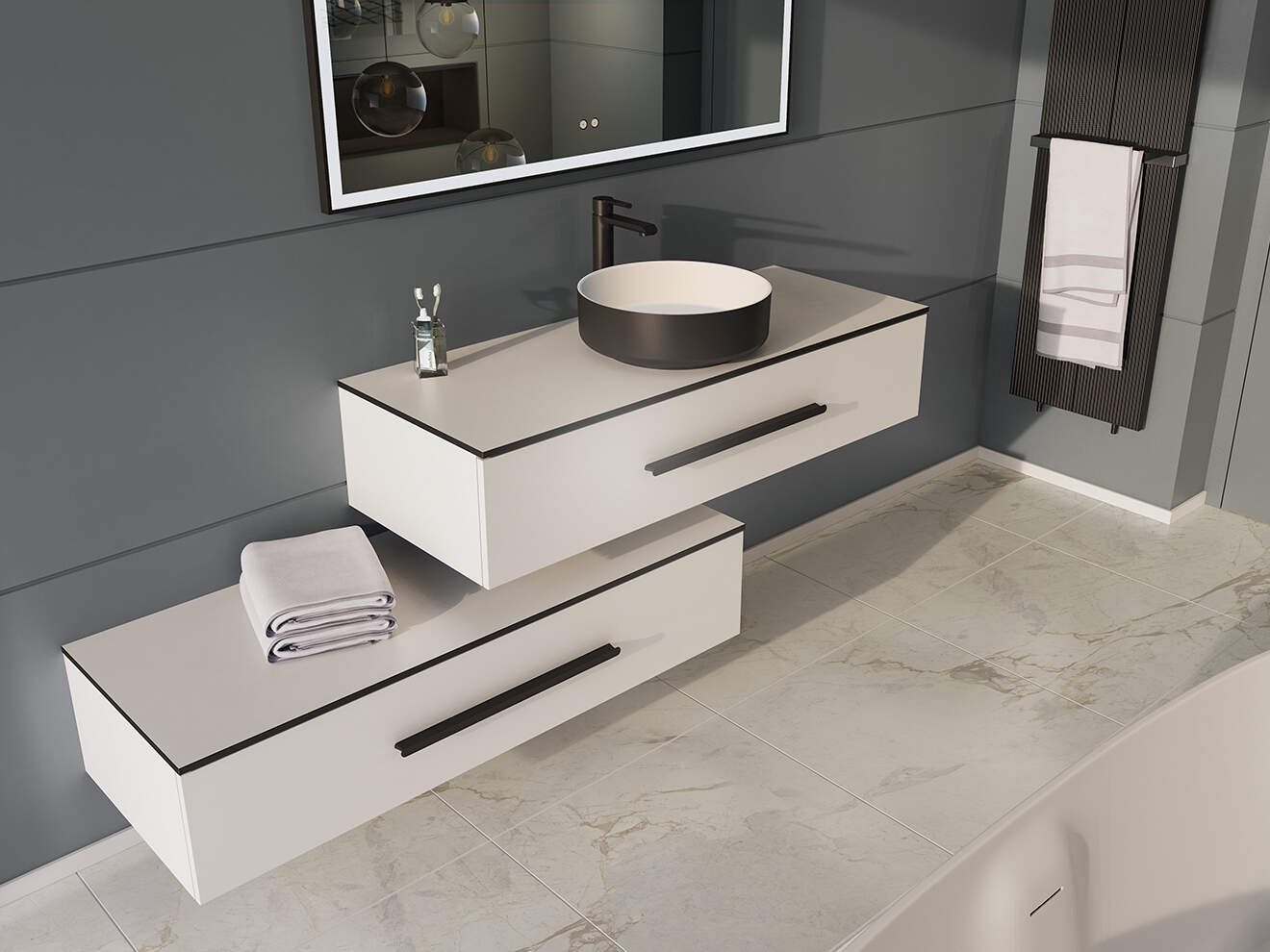 Bento L120 Blanc mat - poignee Baguette noire - plan compact Blanc et vasque Perle