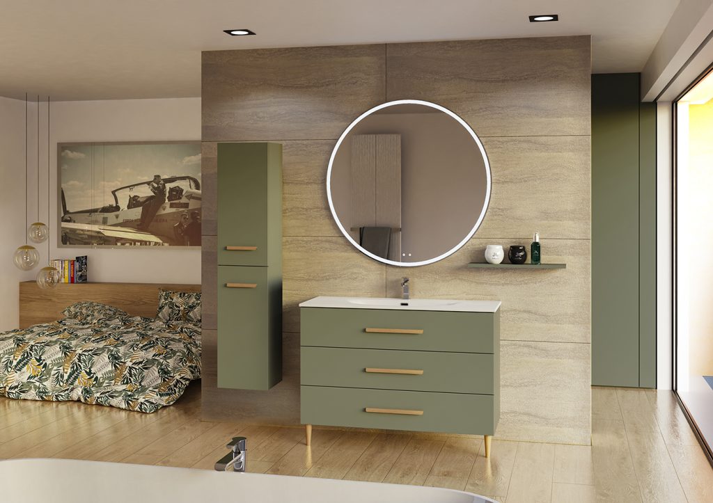 Bento L120 Fougere mat - 3T poignees Flap Chene massif - plan vasque Stellaris - Pieds Chene H15 - miroir LED First rond Dore