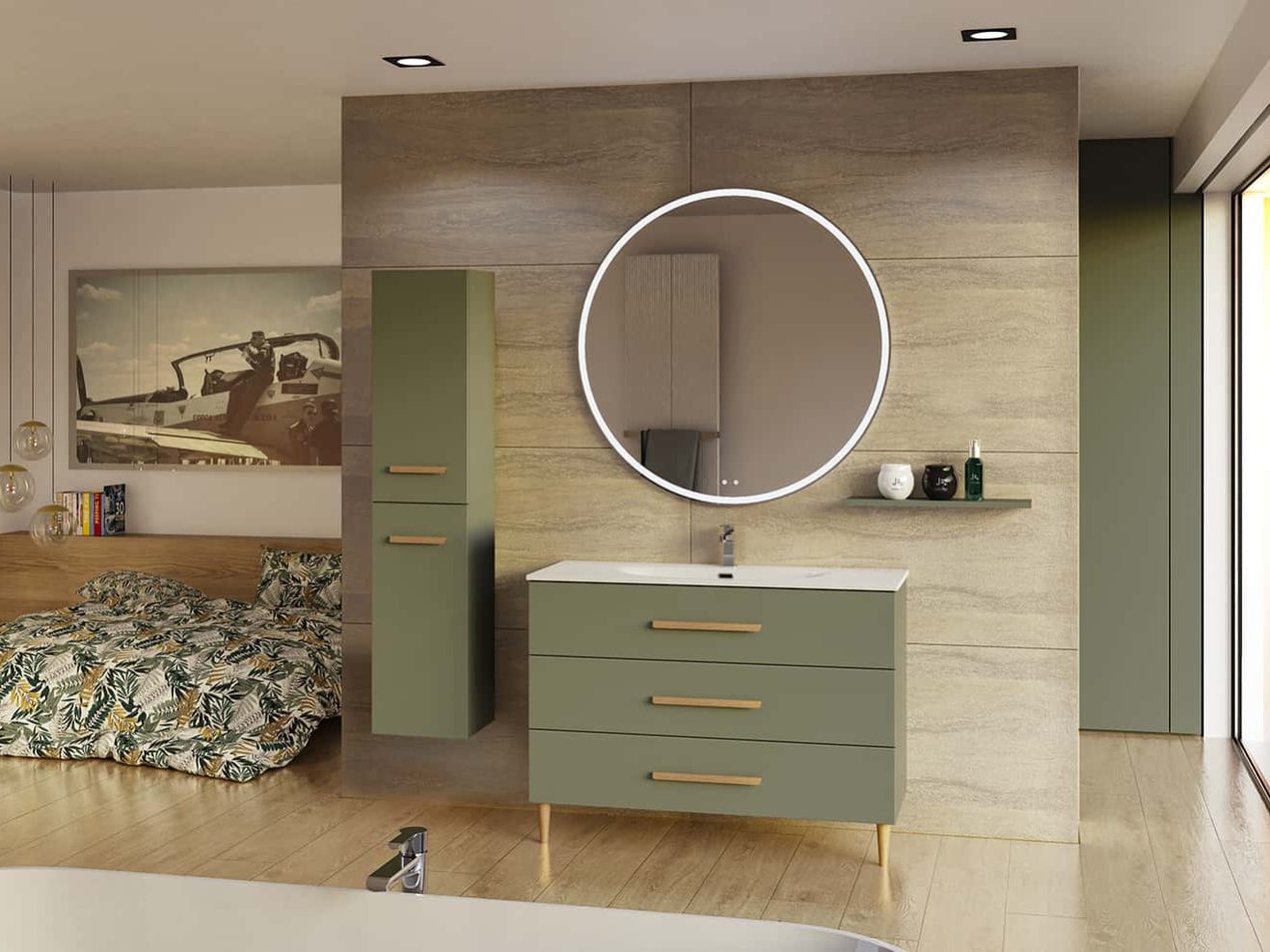 Bento L120 Fougere mat - 3T poignees Flap Chene massif - plan vasque Stellaris - Pieds Chene H15 - miroir LED First rond Dore