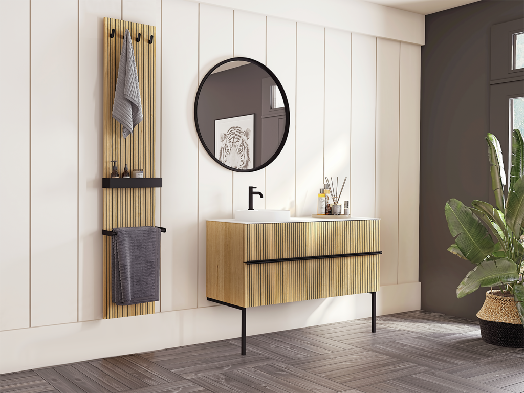 Meuble Woody L120 Chene naturel plan Ceram +Vestiaire + Miroir Essentiel
