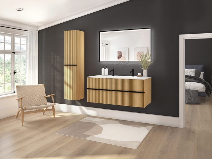 WOODY L120 façade Chene naturel rainuree noire miroir Narcisse noir WOODY L120 façade Chene naturel rainuree noire miroir Narcisse noir - Decotec