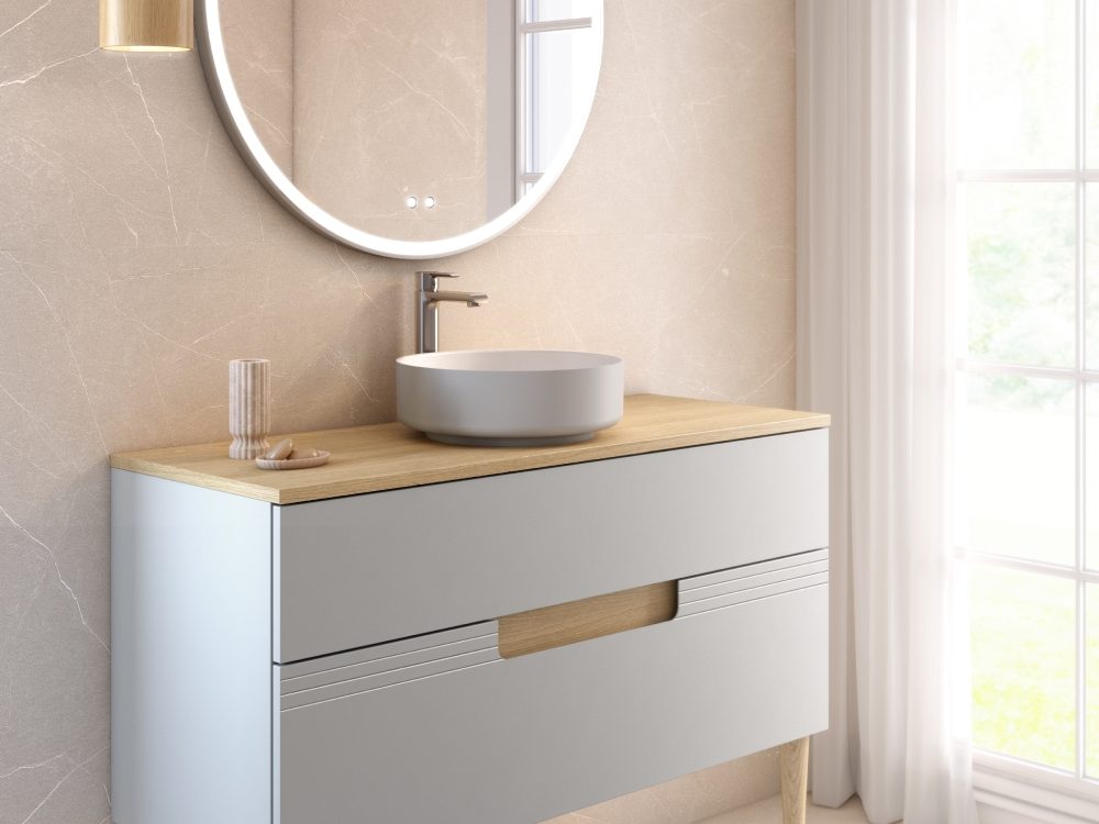 Vibrato 2 - Gris perle plan chêne, vasque perle, pieds chêne