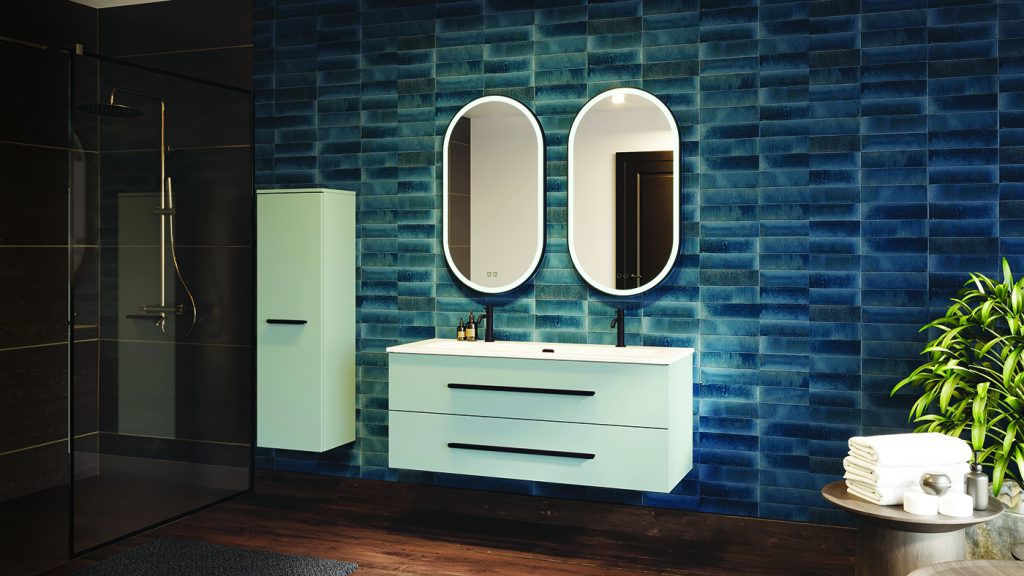 BENTO L120 Fjord mat - poignee Baguette Noir mat - plan Equinoxe - miroirs LED First Oblong Noir