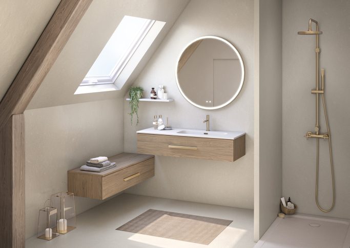 Bento L120 Chene Brun – poignee Flap dore brosse – miroir First rond-RGB Bento L120 Chene Brun - poignee Flap dore brosse - miroir First rond-RGB