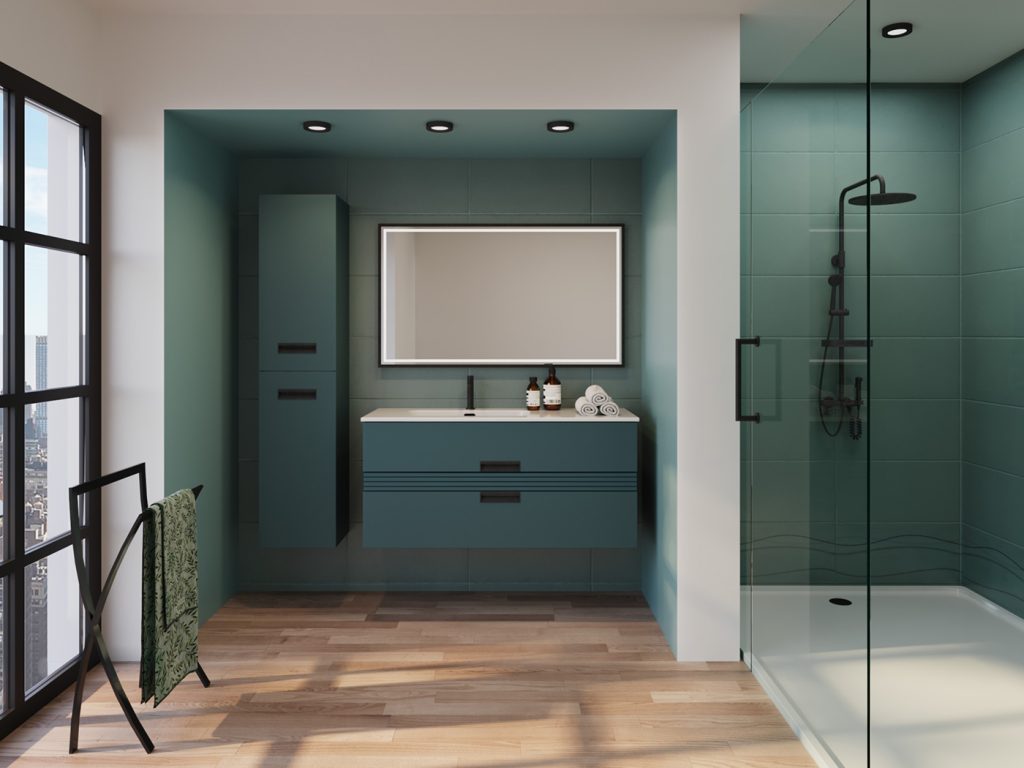 Vibrato L120 Toundra mat - Colonne assortie - miroir Narcisse cadre Noir - portre-serviettes Mistral